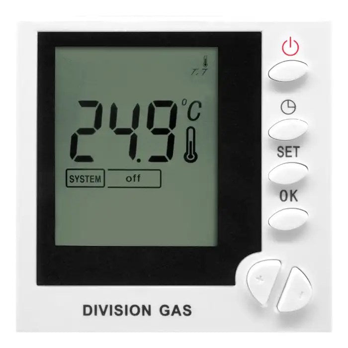 Termostat til gulvvarme, Division Gas DG 803X, digitalt display, programmerbar, hvid