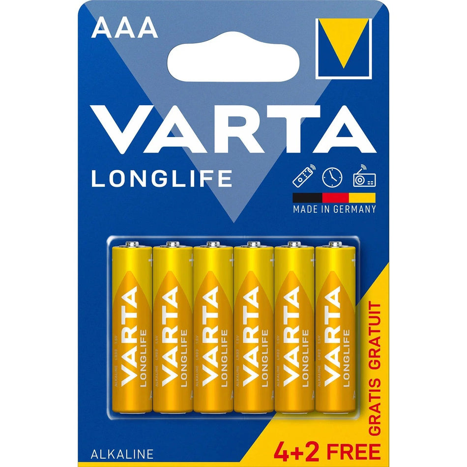 Batteri Varta Longlife 4103, AAA / LR3, alkalisk, (4+2) 6 stk.