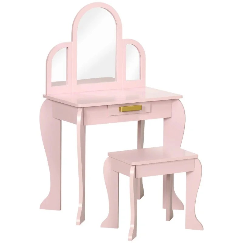 Homcom Spejlbord og skammel Børne Vanity Sæt, til 3-6 år Pink