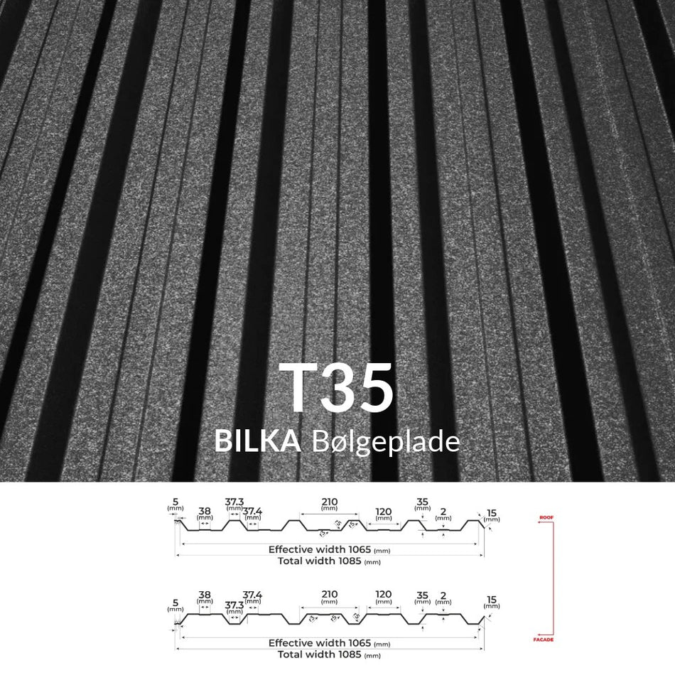 Bølgeplade i stål, BILKA T35, Blank/Mat/GrandeMat, Antikondensdug, Til facader/Tag, Industri, 0,50 mm