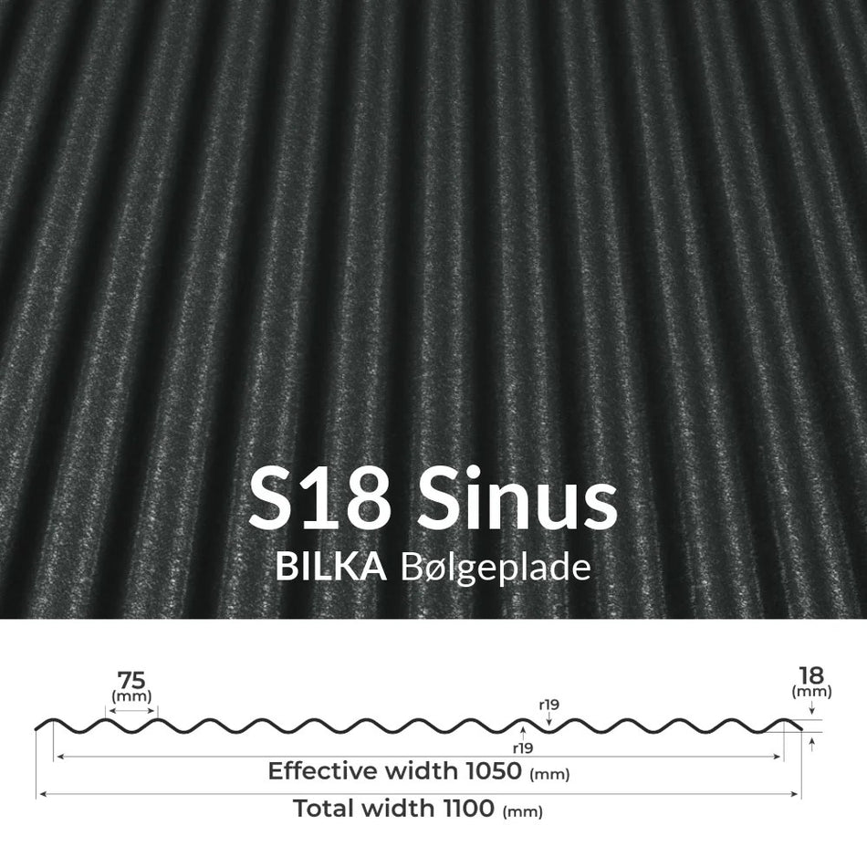 Bølgeplade i stål, BILKA Sinus S18, Blank/Mat/GrandeMat, Med/Uden Antikondensdug, Til facader/Tag, Industri, 0,50 mm